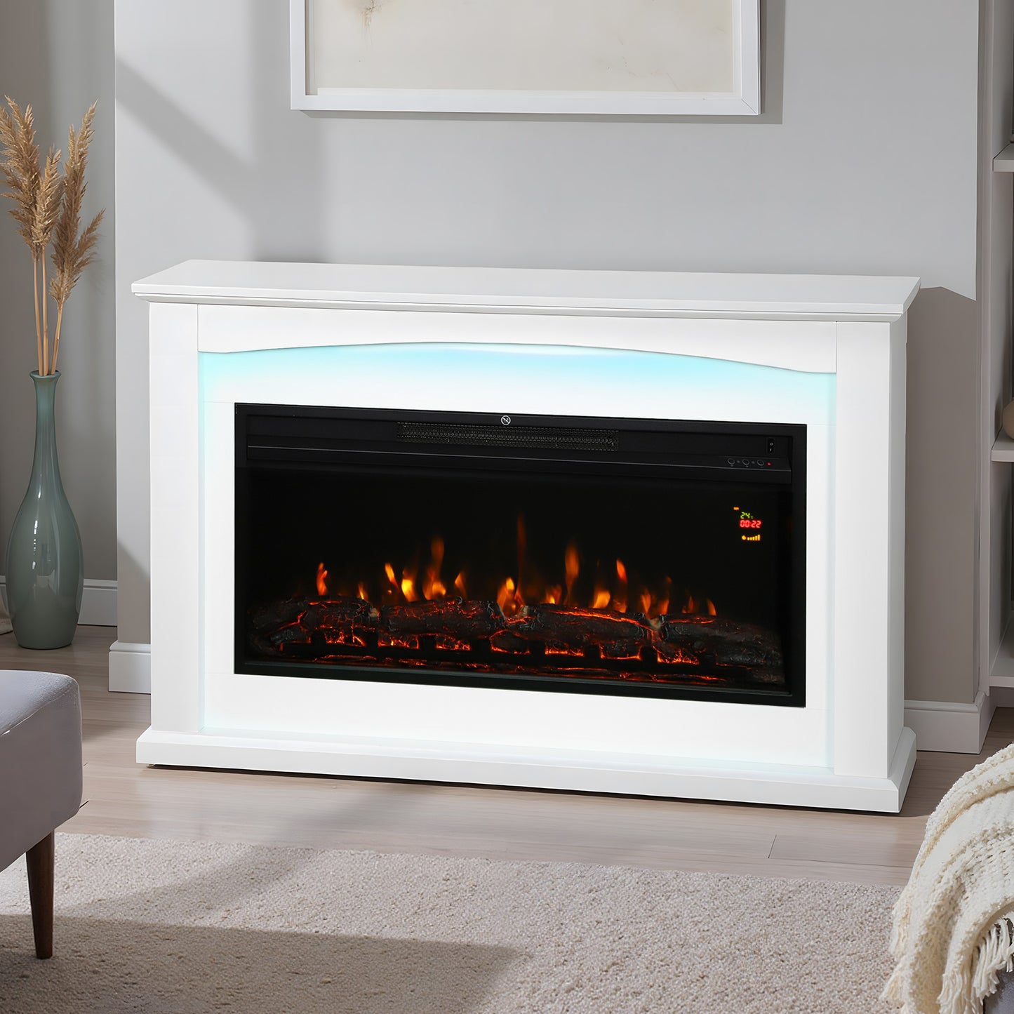 1000W/2000W Inset Electric Mantel & Fire Reach up to 30 m², White