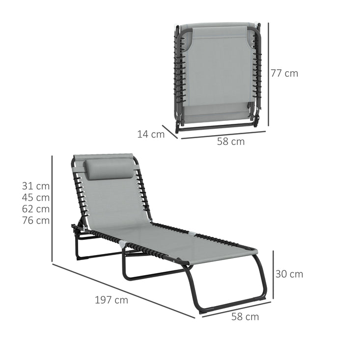 Folding Sun Lounger Beach Chaise Chair Garden Cot Camping Recliner with 4 Position Adjustable Grey