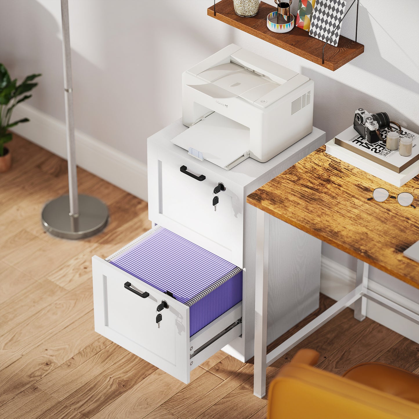 2-Drawer File Cabinet, Lockable Filing Cabinet for A4 Letter, White