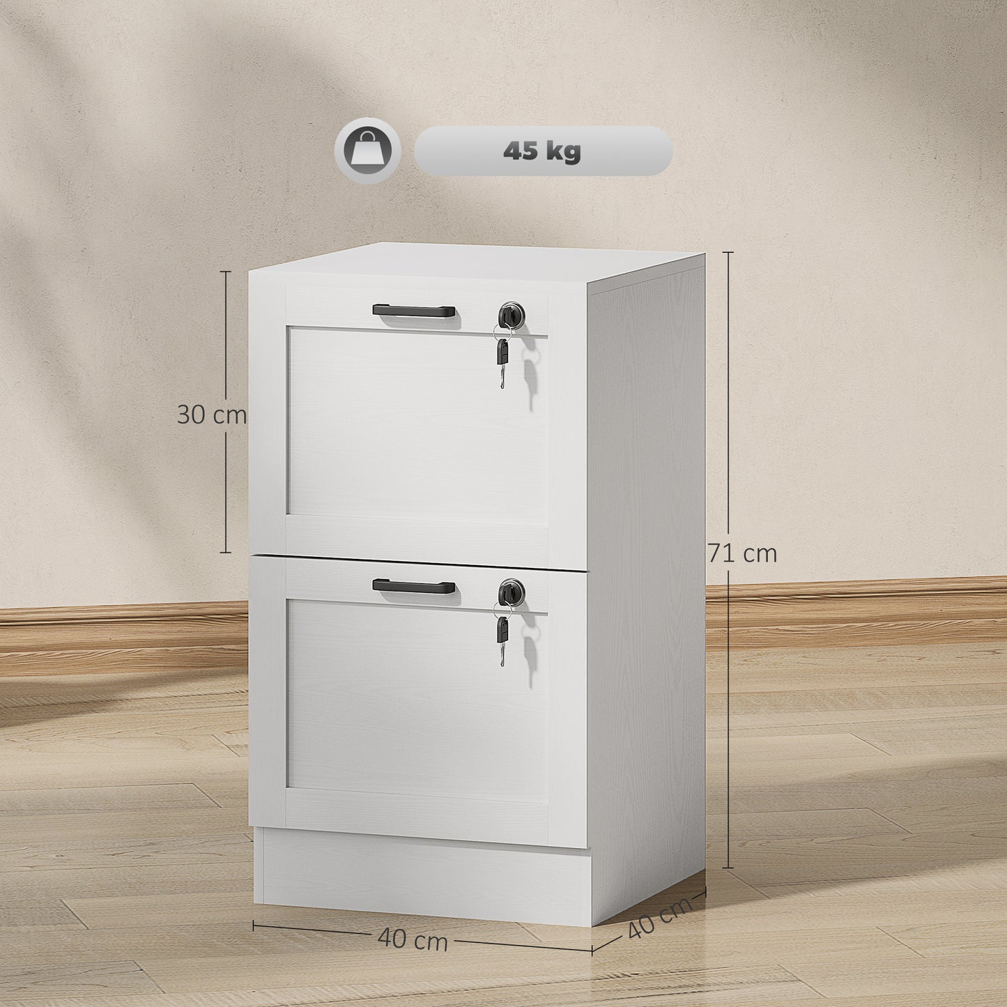2-Drawer File Cabinet, Lockable Filing Cabinet for A4 Letter, White