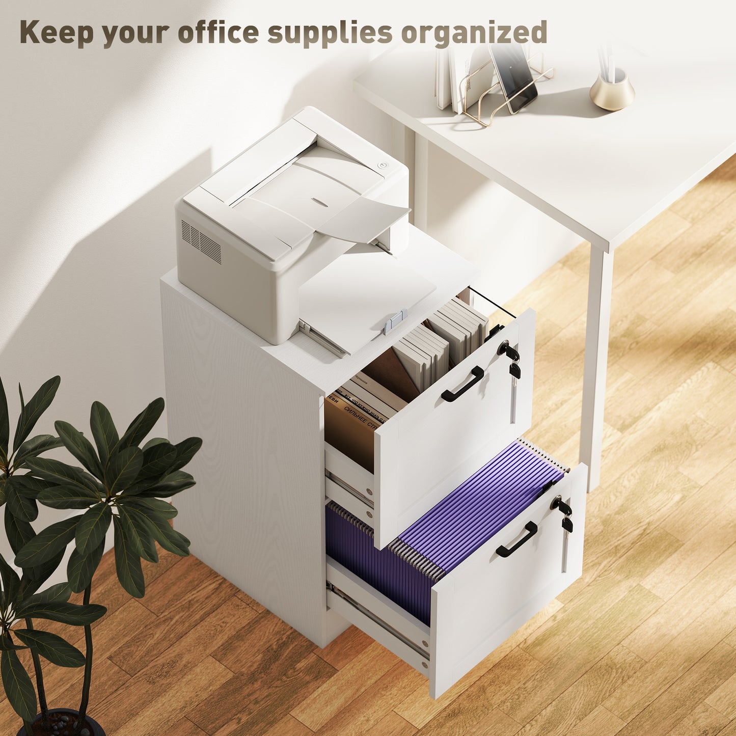 2-Drawer File Cabinet, Lockable Filing Cabinet for A4 Letter, White