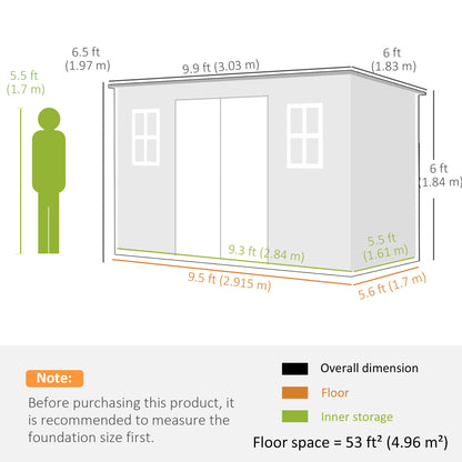 10 x 6 ft Plastic Garden Shed with Floor, Lockable Doors, Grey