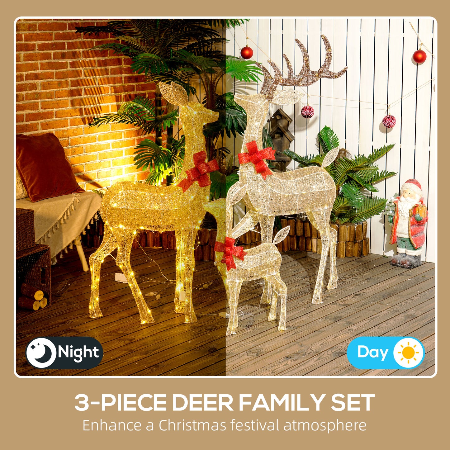 3-Piece Light Up Christmas Deer Family Set of 3 for Lawn Gold Tone
