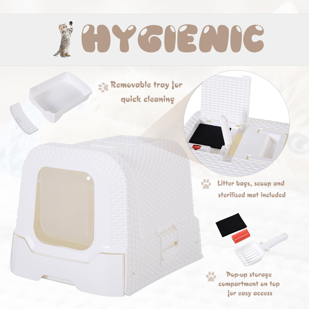 Large Litter Box Self Cat Toilet Fully Enclosed Kitten Pan w/Scoop White
