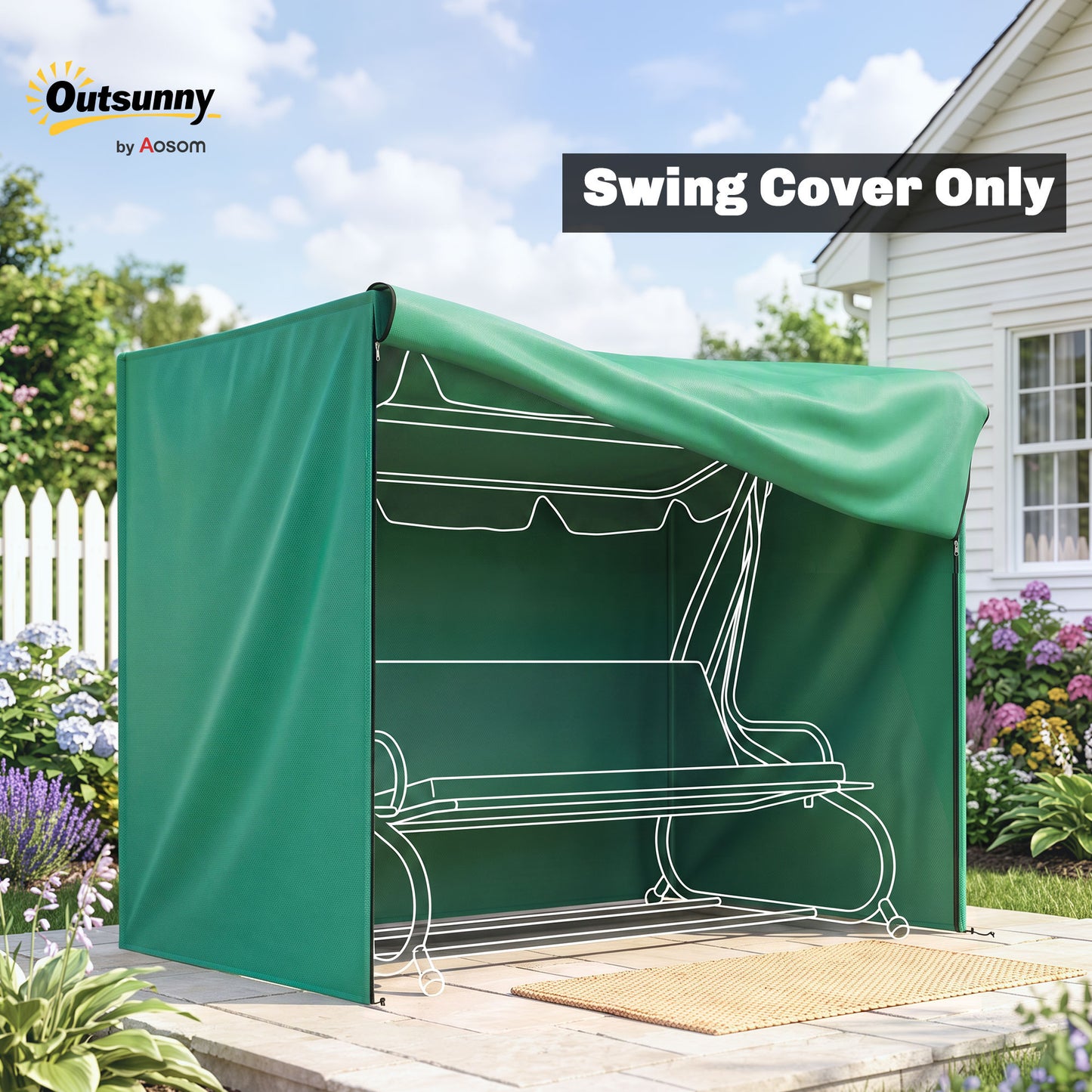 3 Seater Garden Swing Cover, Waterproof 420D Outdoor Swing Bench Cover with Zip, Windproof and Anti-UV, 220 x 125 x 172cm, Green