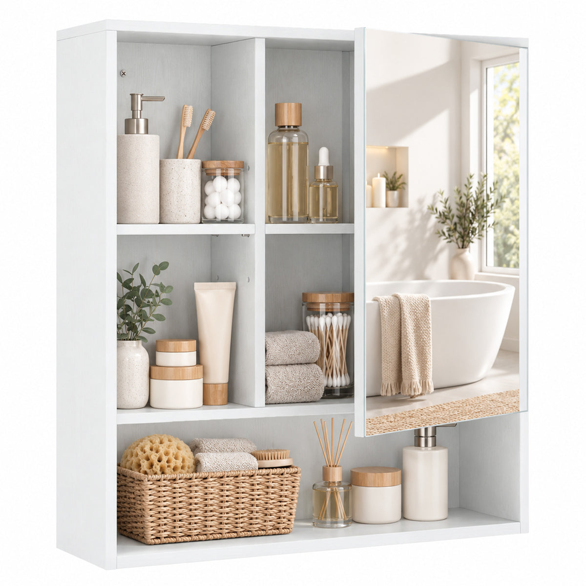 Wall-Mounted Bathroom Mirror Cabinet with Adjustable Shelves - White Wood Effect