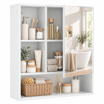 Wall-Mounted Bathroom Mirror Cabinet with Adjustable Shelves - White Wood Effect