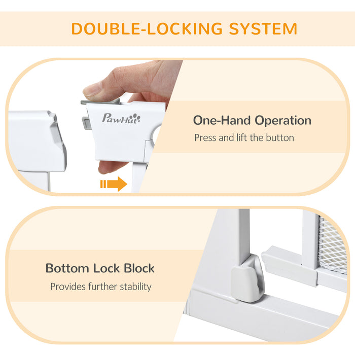 Pressure Fit Safety Gate for Doors and Stairs, Dog Gate with Auto Close, Pet Barrier for Hallways, with Double Locking Openings 75-82 cm White