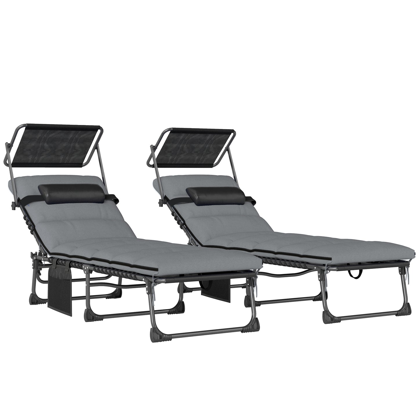 Folding Sun Loungers Set of 2, Sun Bed with Canopy, Light Grey