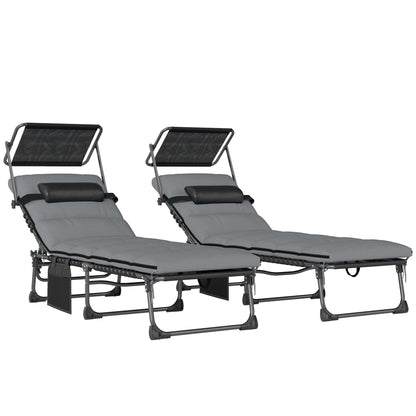 Folding Sun Loungers Set of 2, Sun Bed with Canopy, Light Grey