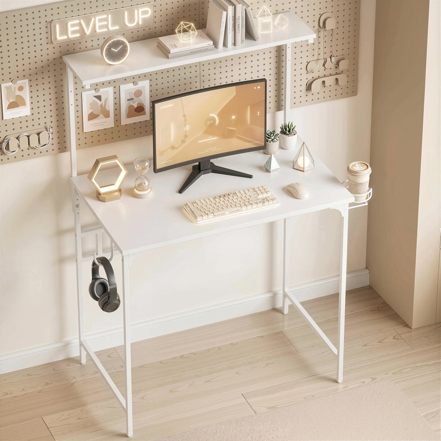 Computer Desk, 80cm Home Office Study Table with Hutch Shelf, White