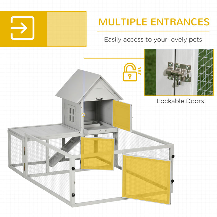 Wooden Rabbit Hutch with Extra Fenced Area, Large Guinea Pig Cage, Small Animal House for Indoor with Slide-out Tray, Grey