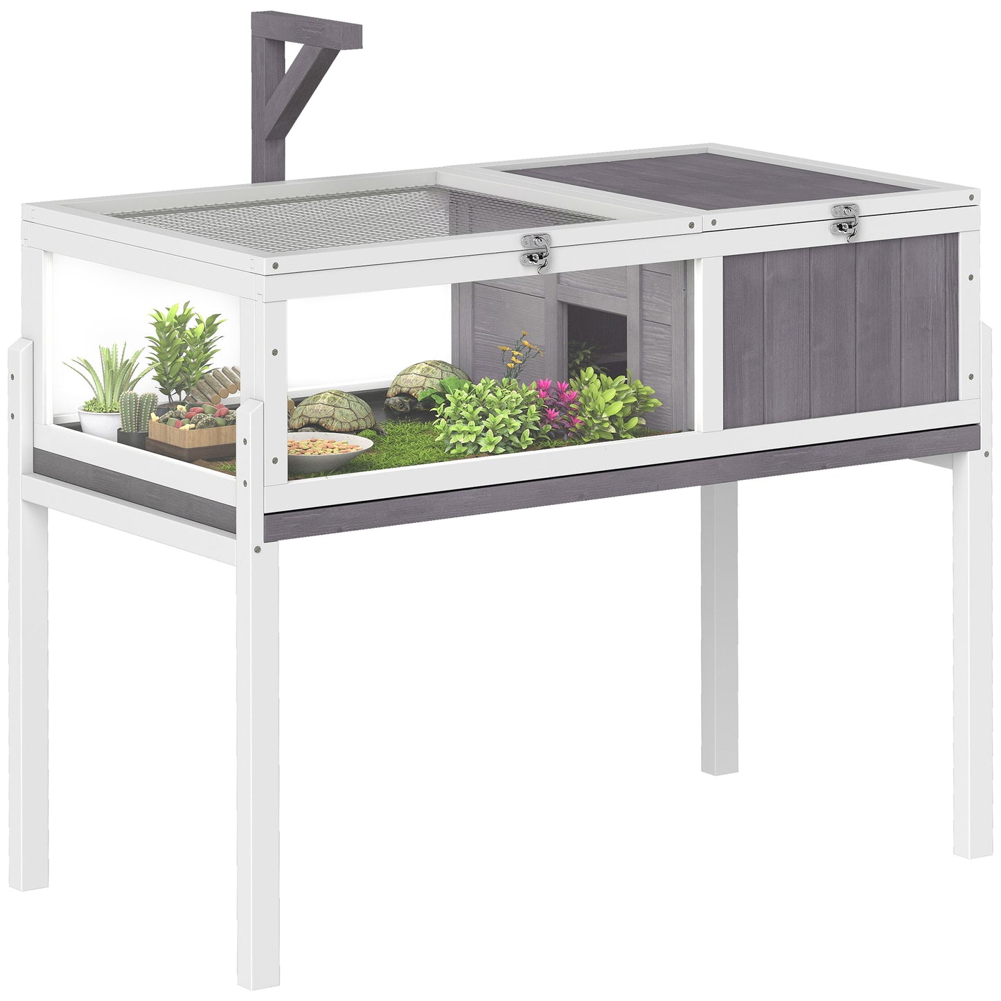 Tortoise Cage, Wooden Tortoise House Indoor with Dual-Zone Habitat, Clear Panels, Lamp Holder, Pull-Out Tray, Openable Top, Reptile Cage for Tortoises, Snake, Lizard, Grey