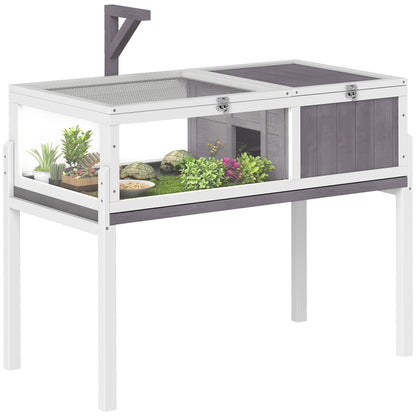 Tortoise Cage, Wooden Tortoise House Indoor with Dual-Zone Habitat, Clear Panels, Lamp Holder, Pull-Out Tray, Openable Top, Reptile Cage for Tortoises, Snake, Lizard, Grey