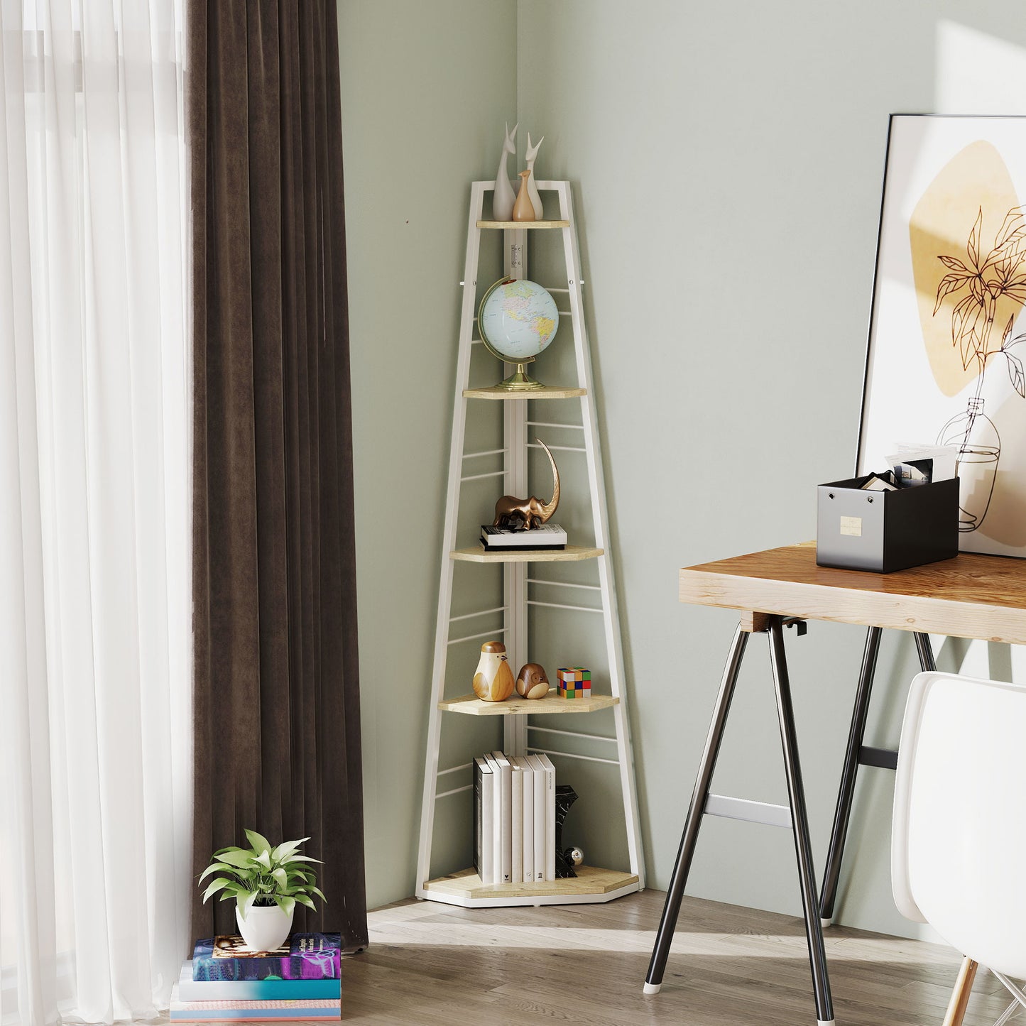 5-Tier Corner Shelf, Shelving Unit with Adjustable Feet, Natural Wood