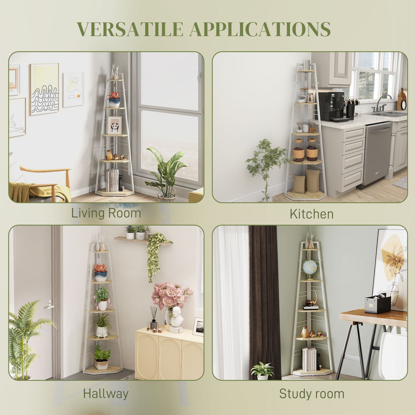 5-Tier Corner Shelf, Shelving Unit with Adjustable Feet, Natural Wood