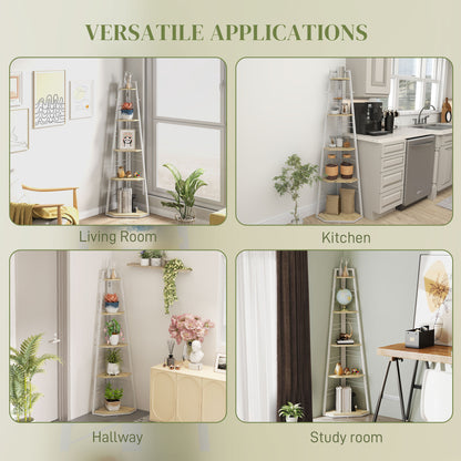 5-Tier Corner Shelf, Shelving Unit with Adjustable Feet, Natural Wood