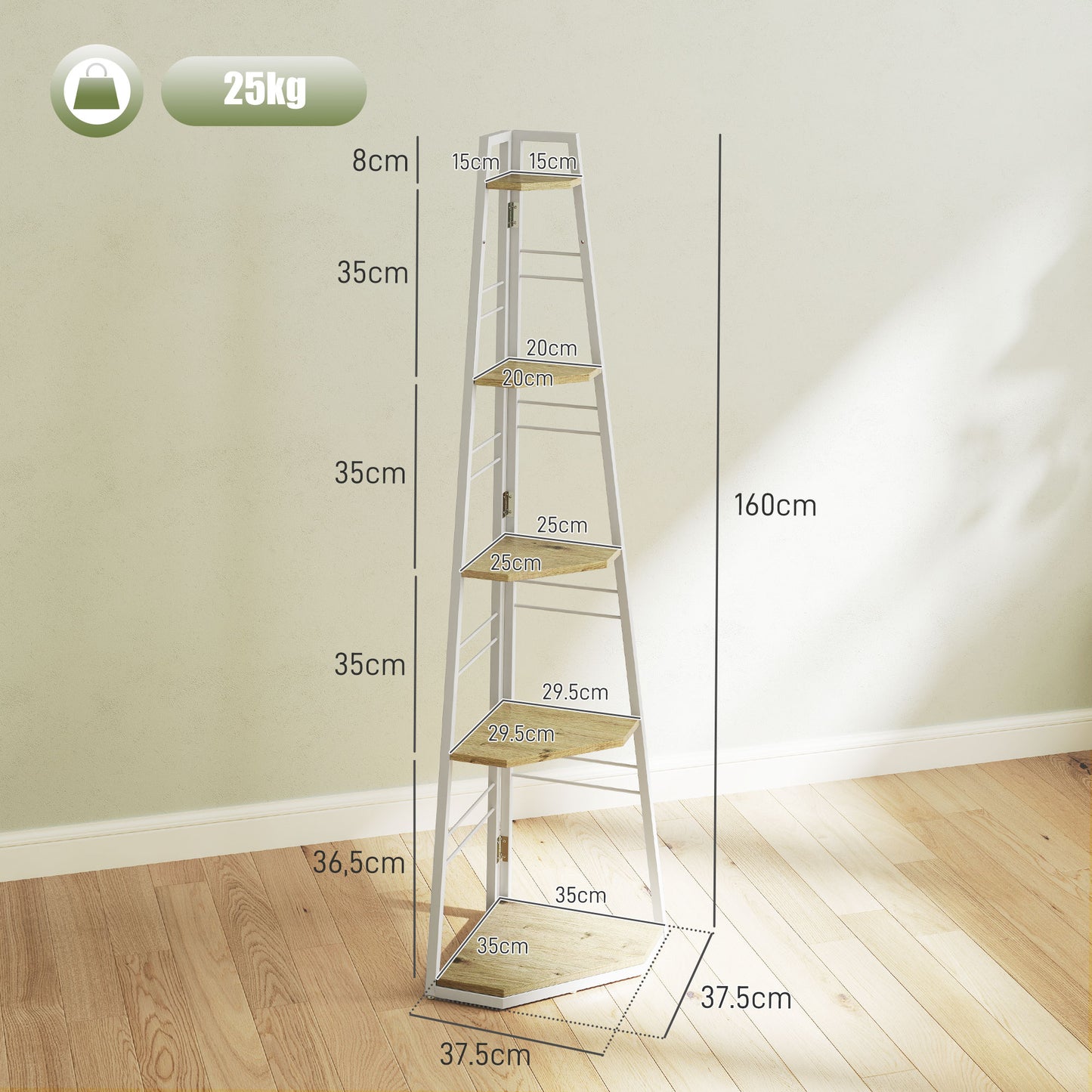 5-Tier Corner Shelf, Shelving Unit with Adjustable Feet, Natural Wood