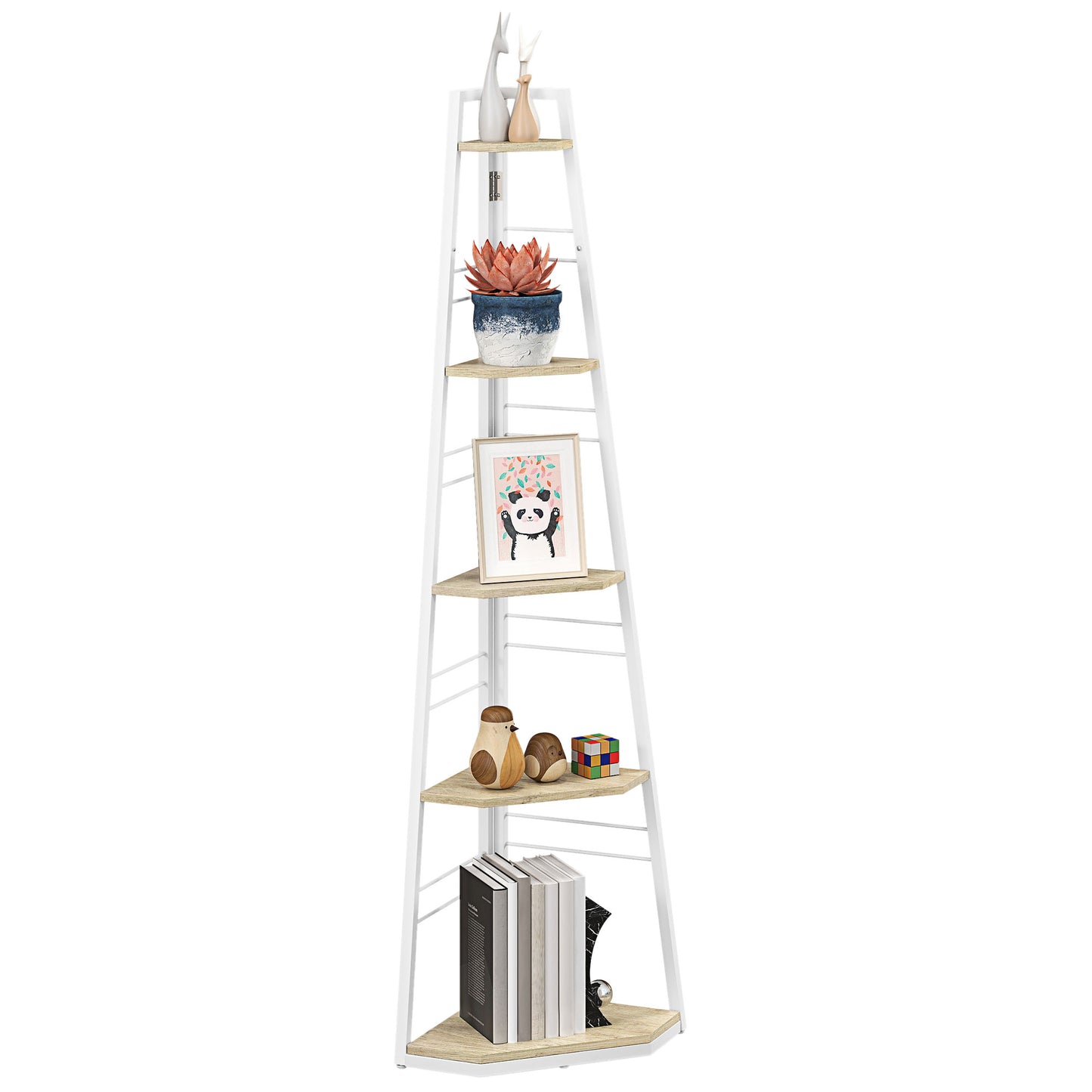 5-Tier Corner Shelf, Shelving Unit with Adjustable Feet, Natural Wood