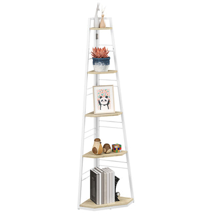5-Tier Corner Shelf, Shelving Unit with Adjustable Feet, Natural Wood