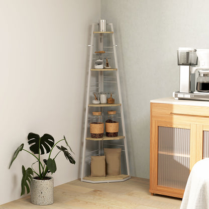 5-Tier Corner Shelf, Shelving Unit with Adjustable Feet, Natural Wood