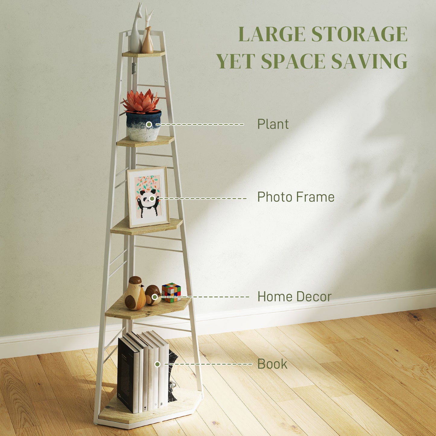 5-Tier Corner Shelf, Shelving Unit with Adjustable Feet, Natural Wood