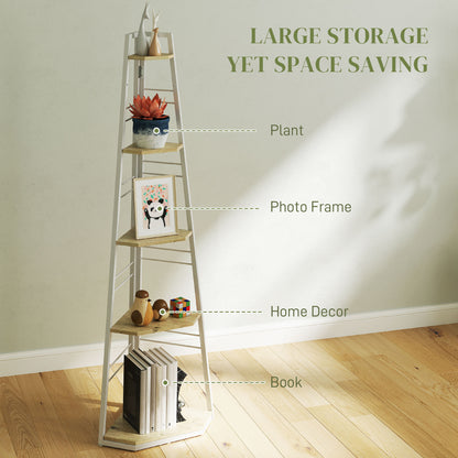 5-Tier Corner Shelf, Shelving Unit with Adjustable Feet, Natural Wood