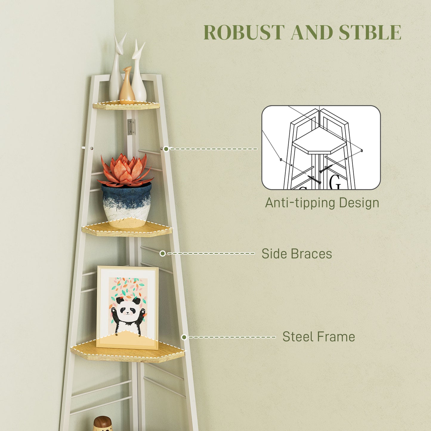 5-Tier Corner Shelf, Shelving Unit with Adjustable Feet, Natural Wood