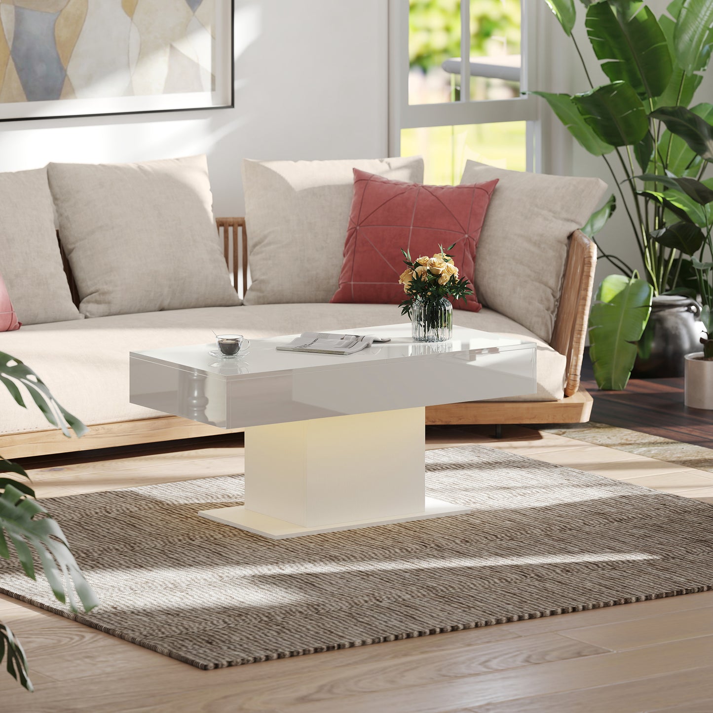 Extendable Coffee Table, Living Room Table with LED Lights, White