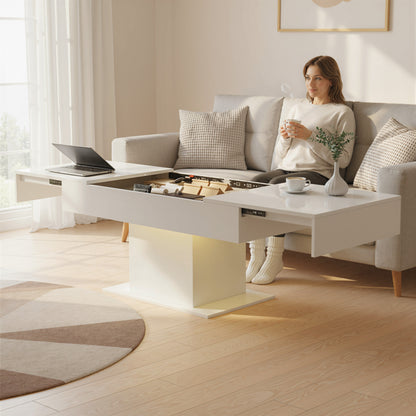 Extendable Coffee Table, Living Room Table with LED Lights, White