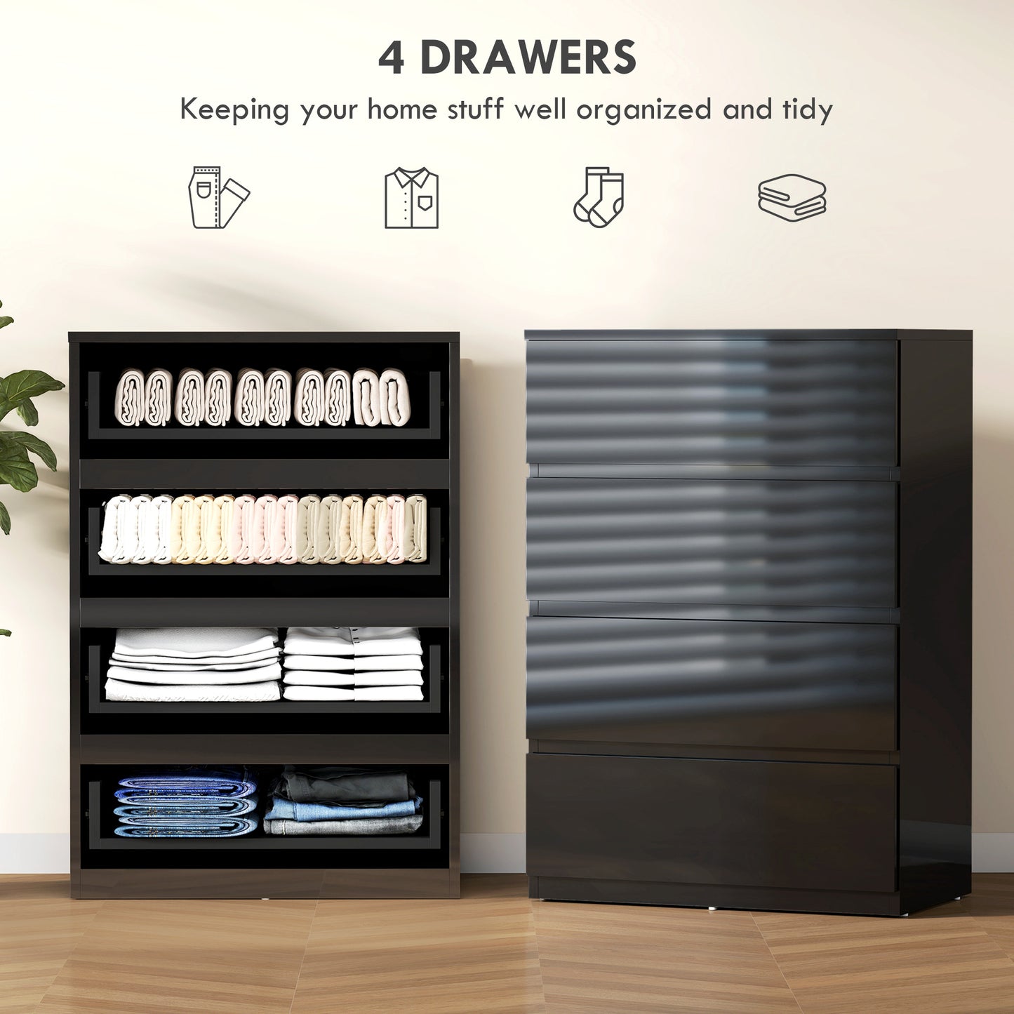 Bedroom Chest of Drawers, 4 Drawers Dresser, Drawer Unit, Black
