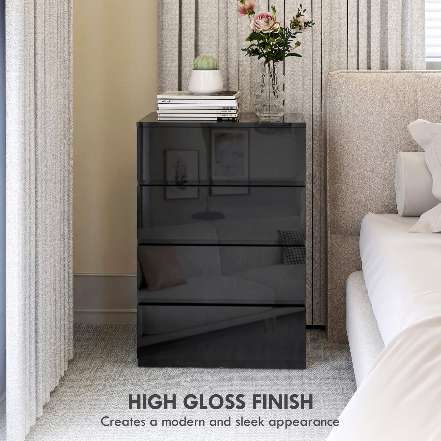 Bedroom Chest of Drawers, 4 Drawers Dresser, Drawer Unit, Black