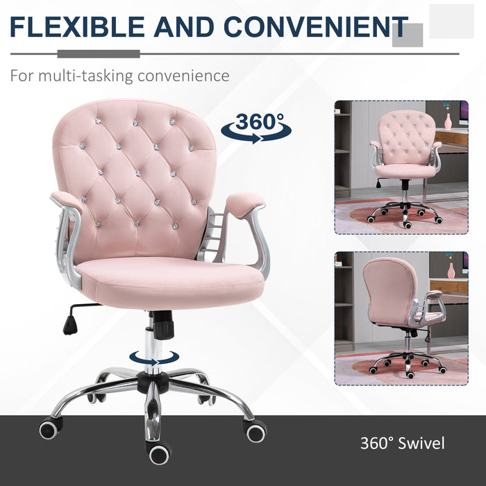 Office Chair Ergonomic 360¬¨‚àû Swivel Diamond Tufted Home Work Velour Padded Base 5 Castor Wheels Pink