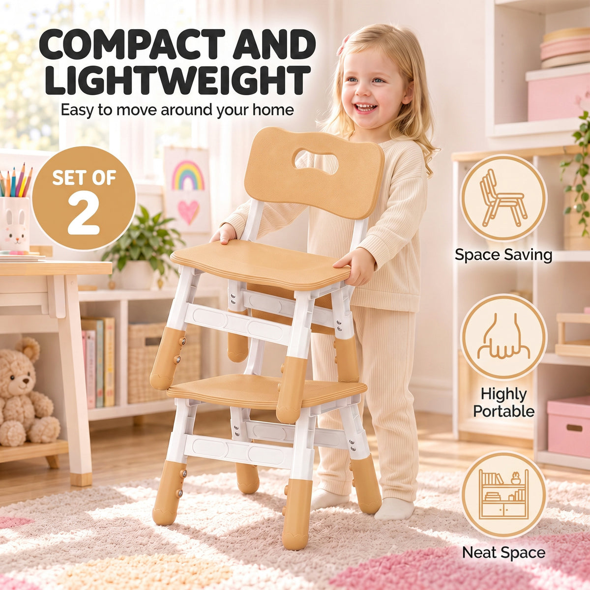 Set of 2 Height-Adjustable Kids' Desk Chairs - Brown & White