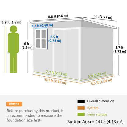 8.5 x 6ft Galvanised Steel Garden Shed with Foundation Kit, Grey