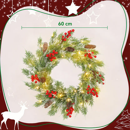 60 cm Prelit Christmas Wreath, Door Wreath with Realistic Branches