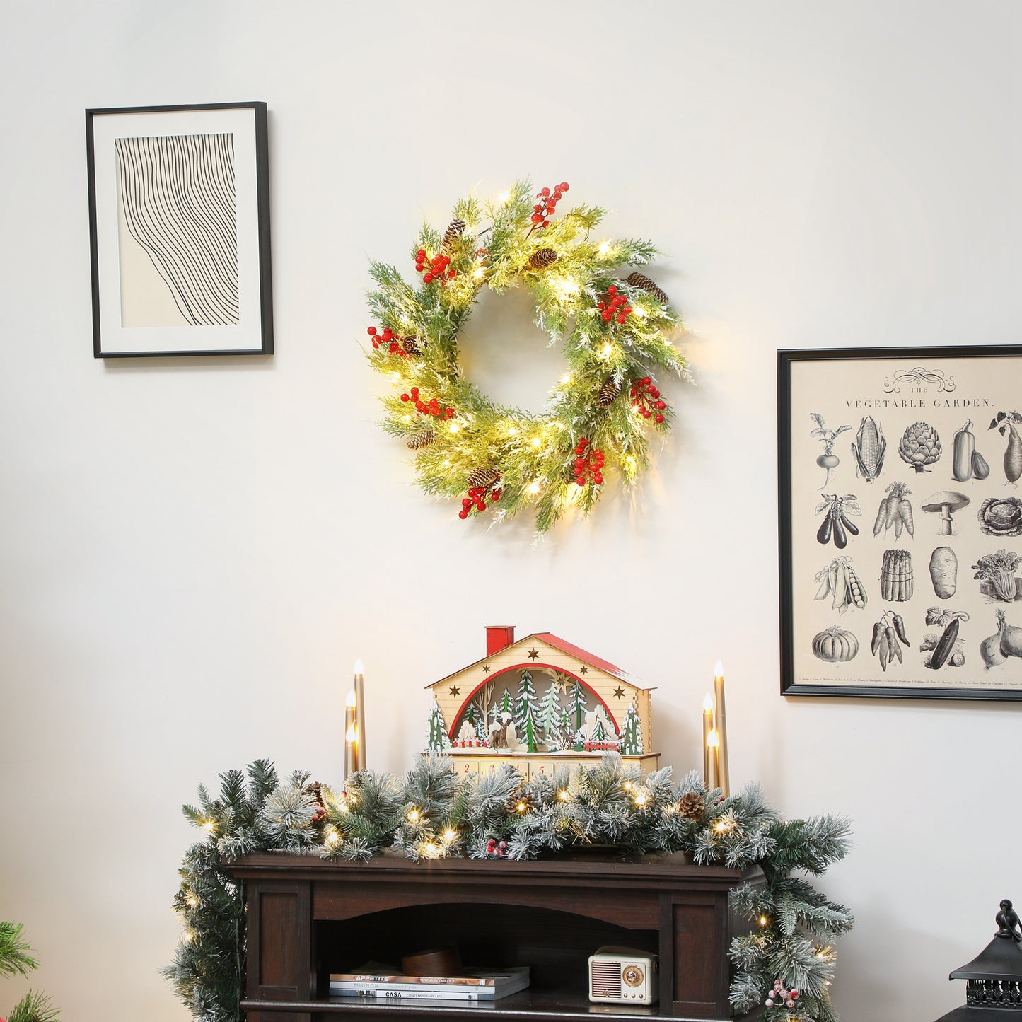 60 cm Prelit Christmas Wreath, Door Wreath with Realistic Branches