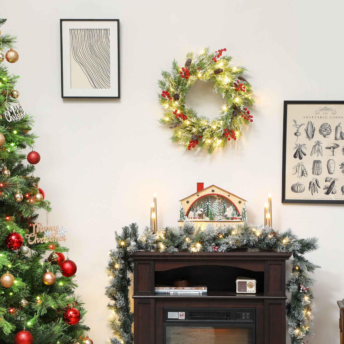 60 cm Prelit Christmas Wreath, Door Wreath with Realistic Branches