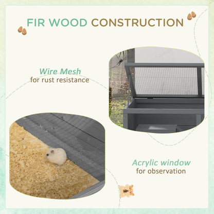 Wooden Hamster Cage with Sliding Tray, Openable Top, Hut, Grey