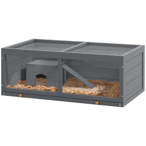 Wooden Hamster Cage with Sliding Tray, Openable Top, Hut, Grey