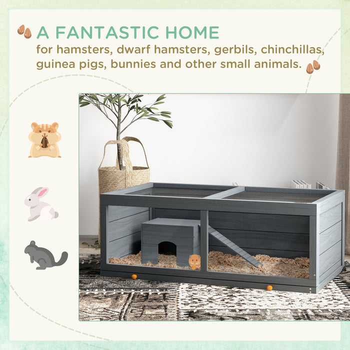 Wooden Hamster Cage with Sliding Tray, Openable Top, Hut, Grey