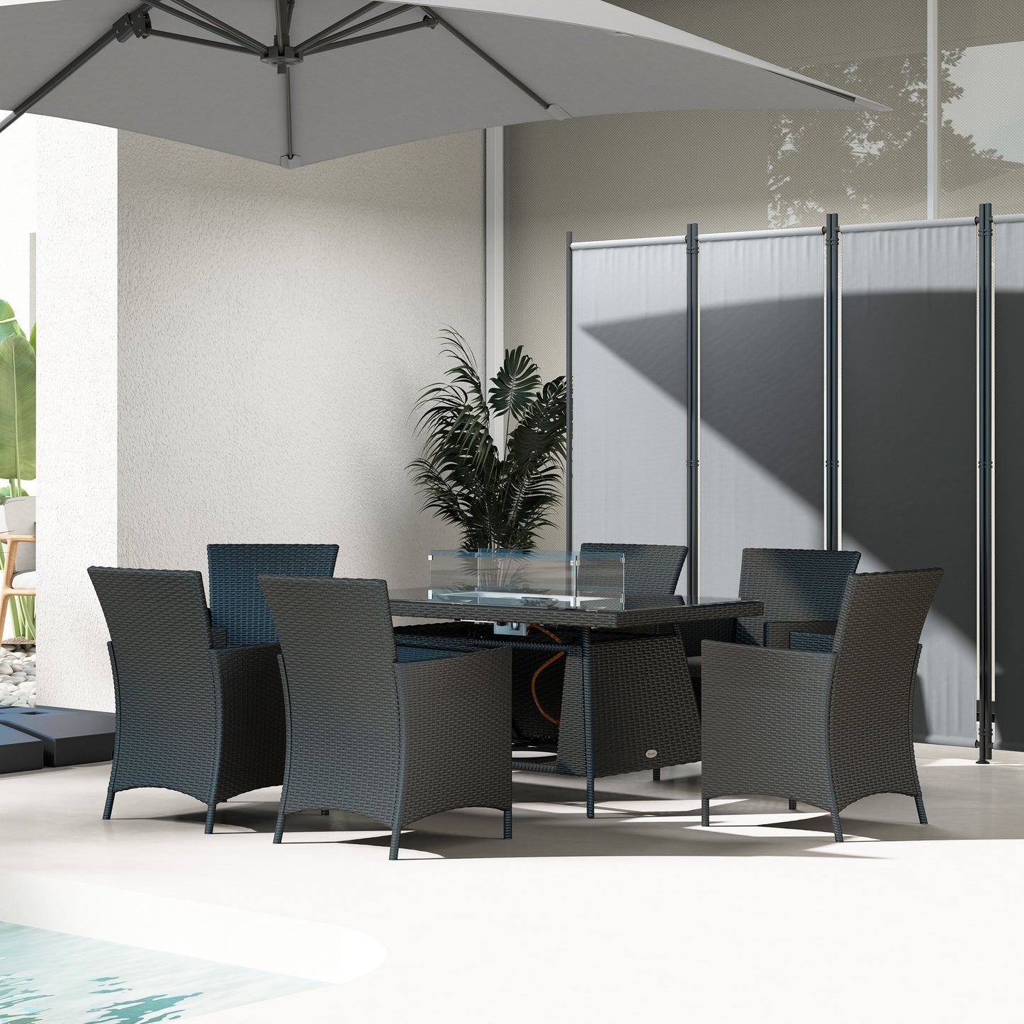 Rattan Dining Set with Fire Pit Table and Armchairs, Black