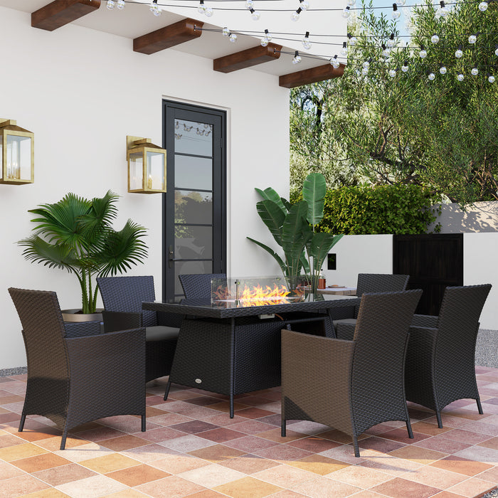 Rattan Dining Set with Fire Pit Table and Armchairs, Black