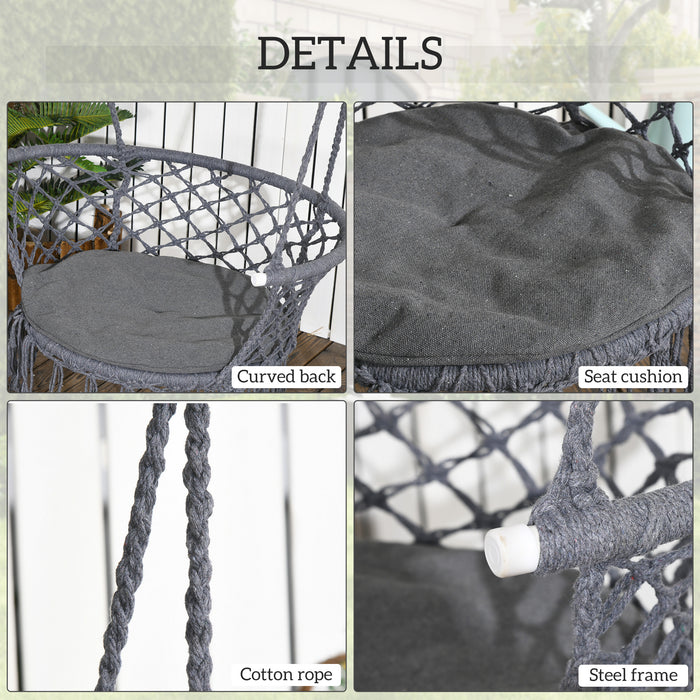 Hanging Hammock Chair Cotton Rope Porch Swing with Metal Frame and Cushion, Large Macrame Seat for Patio, Bedroom, Living Room, Grey