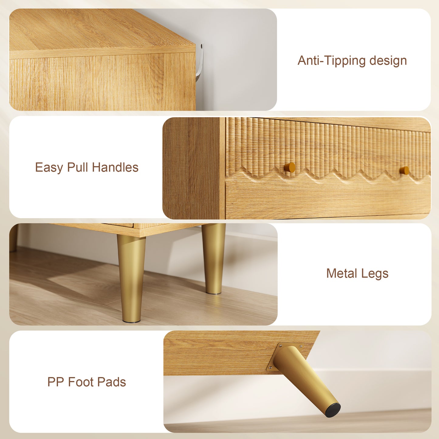 Chest of Drawers, 3 Drawer Dresser Steel Legs and Wooden Top, Oak