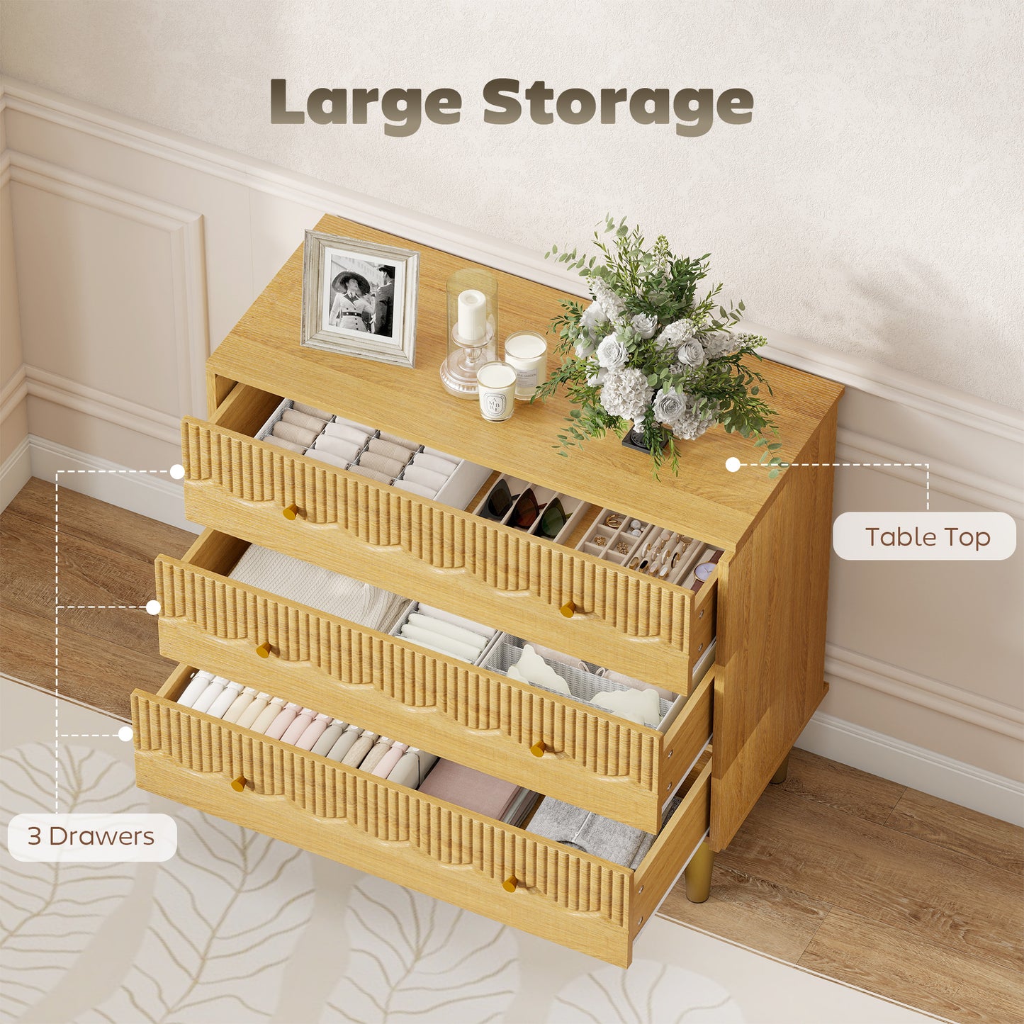 Chest of Drawers, 3 Drawer Dresser Steel Legs and Wooden Top, Oak