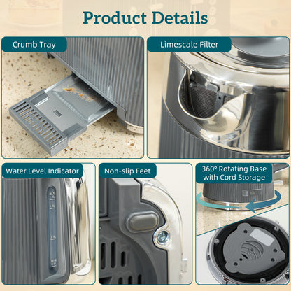 1.7L 3000W Rapid Boil Kettle and 4 Slice Toaster Set Crumb Tray Grey