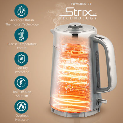 1.7L 3000W Rapid Boil Kettle and 4 Slice Toaster Set Crumb Tray Grey