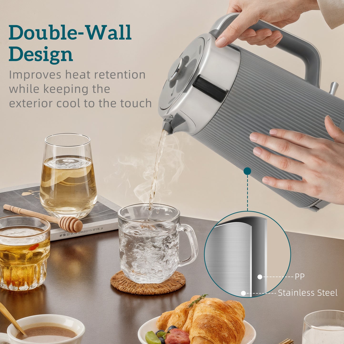 1.7L 3000W Rapid Boil Kettle and 4 Slice Toaster Set Crumb Tray Grey