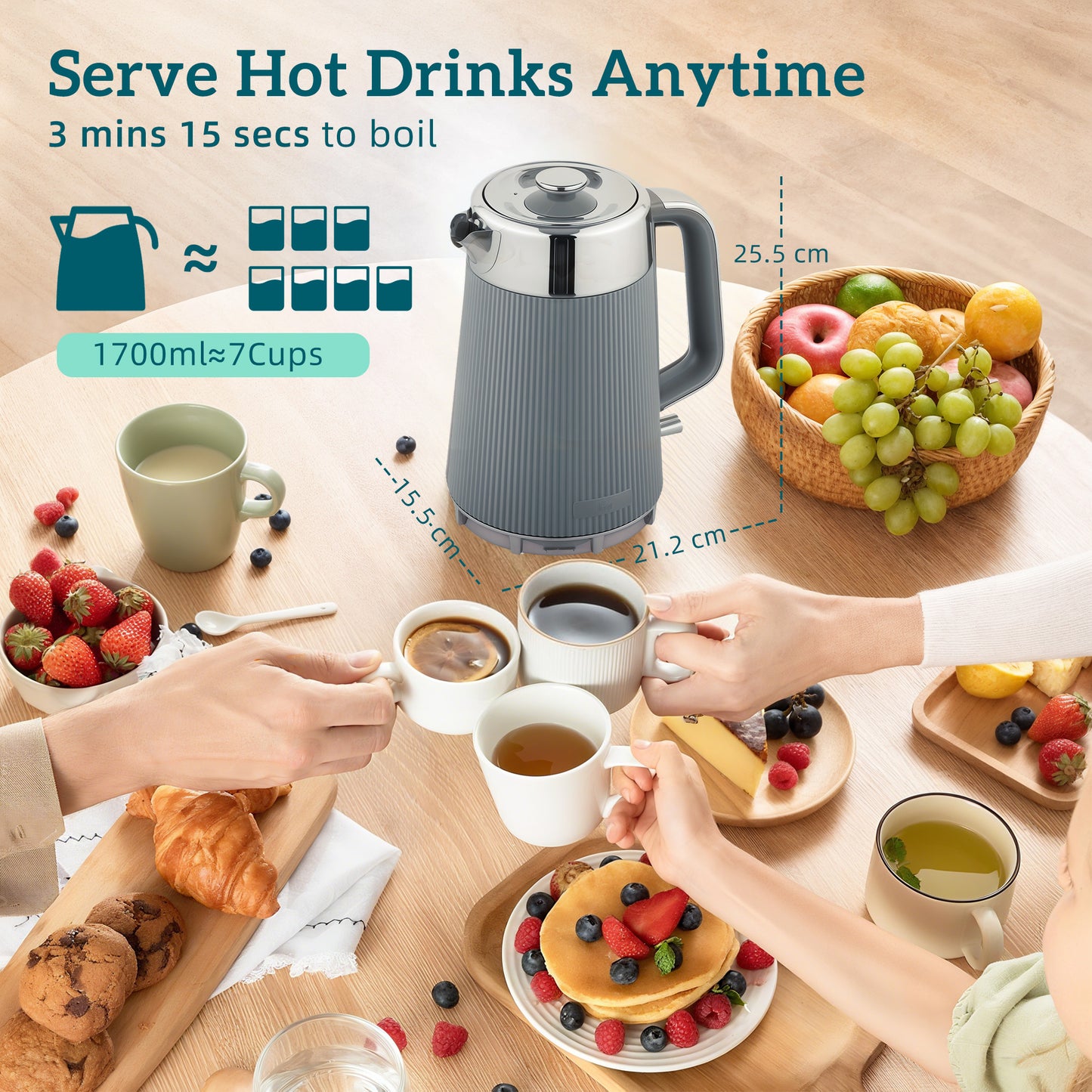 1.7L 3000W Rapid Boil Kettle and 4 Slice Toaster Set Crumb Tray Grey